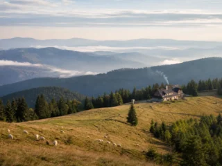 Hala Boracza z wypasem owiec i schroniskiem