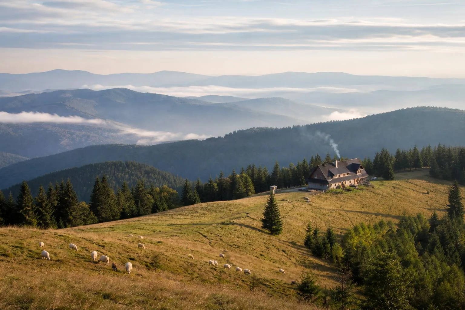 Hala Boracza z wypasem owiec i schroniskiem