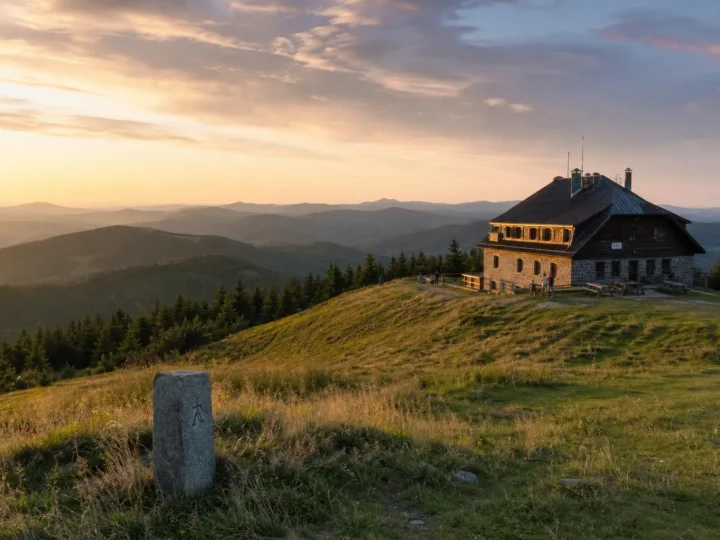 Schronisko pod szczytem Wielkiej Raczy o zachodzie słońca