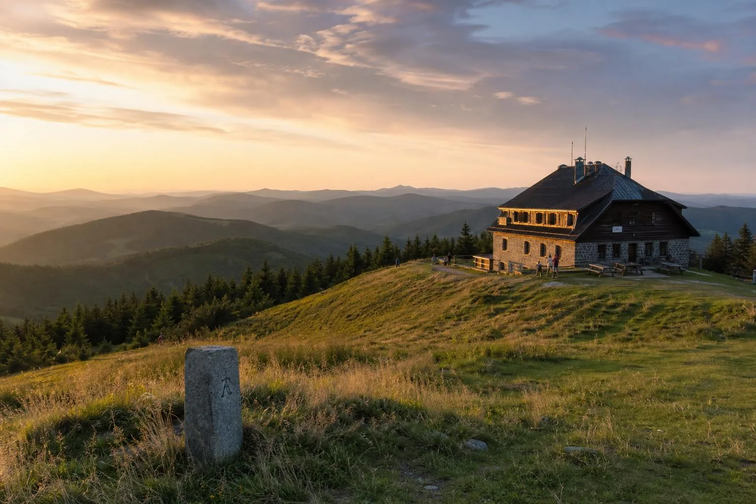 Schronisko pod szczytem Wielkiej Raczy o zachodzie słońca